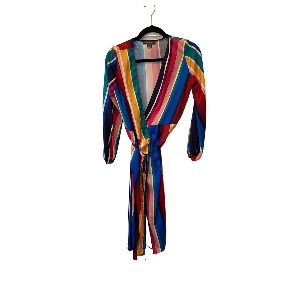 Primark Womens Rainbow Vertical Stripe Satin Wrap Midi Dress Multi Color Size 6
